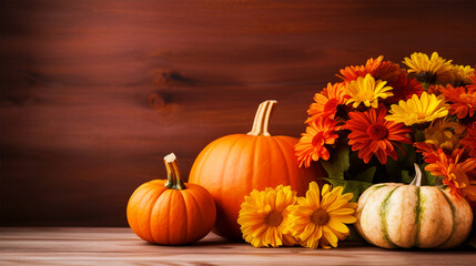 Naklejka na ściany i meble Happy Thanksgiving pumpkins with flowers on wooden texture background with copy text space - ai generative