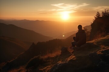 A person sitting on top of a mountain at sunset