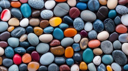 Close up view of smooth polished multicolored stones washed ashore on the beach. Nature background