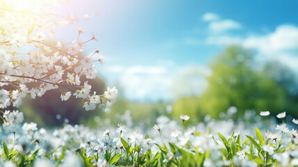 Beautiful, blurred spring background. Nature and blooming glade, trees and blue sky on sunny day....