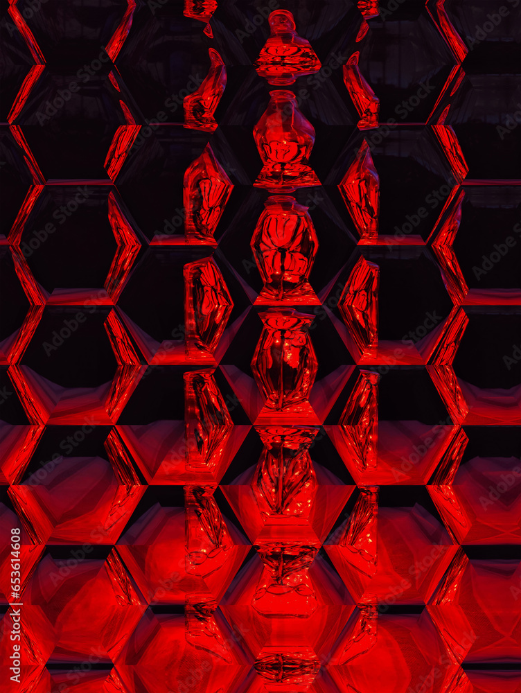 Poster closeup hexagonal mosaic pattern surface design in vivid red