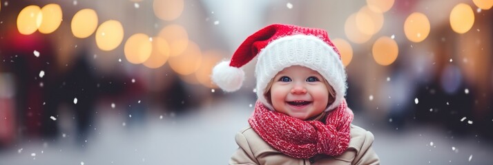 Banner Christmas Child outside on decorated festive street background, baby wondered Christmas...
