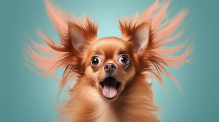 Funny portrait of a Chihuahua dog with a surprised expression isolated on pastel blue background.