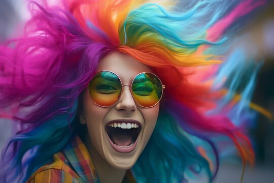 Smiling colorful wig party. Carnival model. Generate Ai