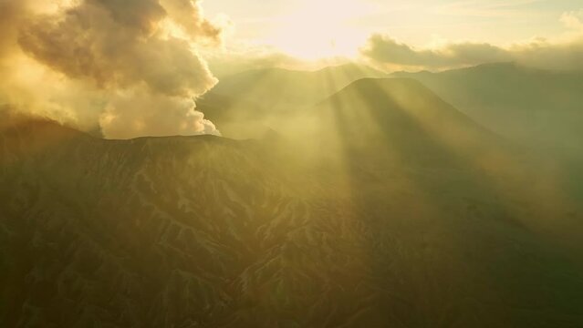 Aerial view of Amazing Mount Bromo volcano during sunrise sky,Beautiful Mountains Penanjakan in Bromo Tengger Semeru National Park,East Java,Indonesia.Nature landscape background