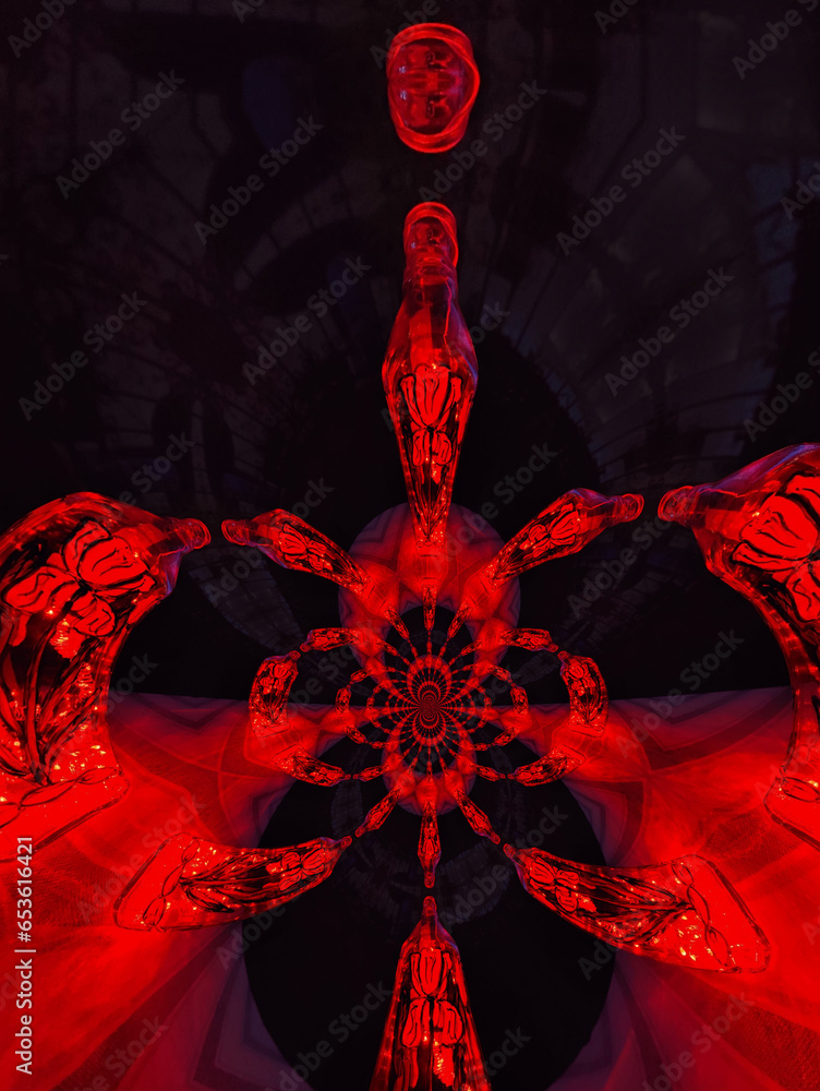 Poster geometric bright red ans scarlet noel design in beyond fractal patterns on a black background