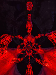 geometric bright red ans scarlet noel design in beyond fractal patterns on a black background