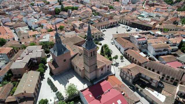 Orbital view Over Parish Church of Our Lady of the Assumption in Naval Carnero, Spain