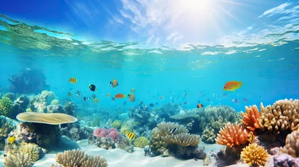 Crédence de cuisine en verre imprimé Récifs coralliens Underwater world, Underwater views, coral reefs and fish. Generative AI