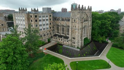 University of Michigan Law Library. Aerial establishing shot of gothic architecture on college campus. Michigan Law Quadrangle.
