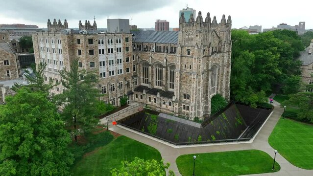 University of Michigan Law Library. Aerial establishing shot of gothic architecture on college campus. Michigan Law Quadrangle.