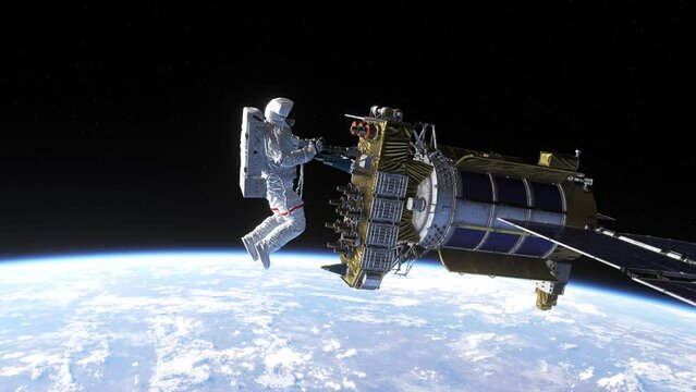 Astronaut working on a satellite in space