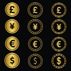 Set of golden currency coins