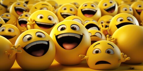 set of cute yellow 3D smileys on yellow background. Generative AI - obrazy, fototapety, plakaty