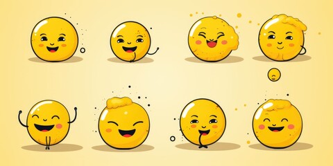 set of cute and funny yellow emoticons on a yellow background. Generative AI