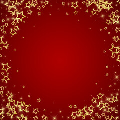 Gold sparkling star confetti. Chaotic dreamy childish overlay template. Festive stars vector illustration on red background.