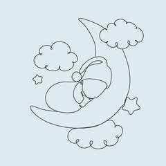 One line drawing. A newborn baby lies on the moon.