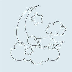 One line drawing. A newborn baby lies on the moon.