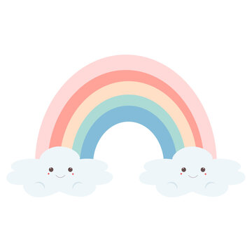 Illustration of cute rainbow and happy clouds.
