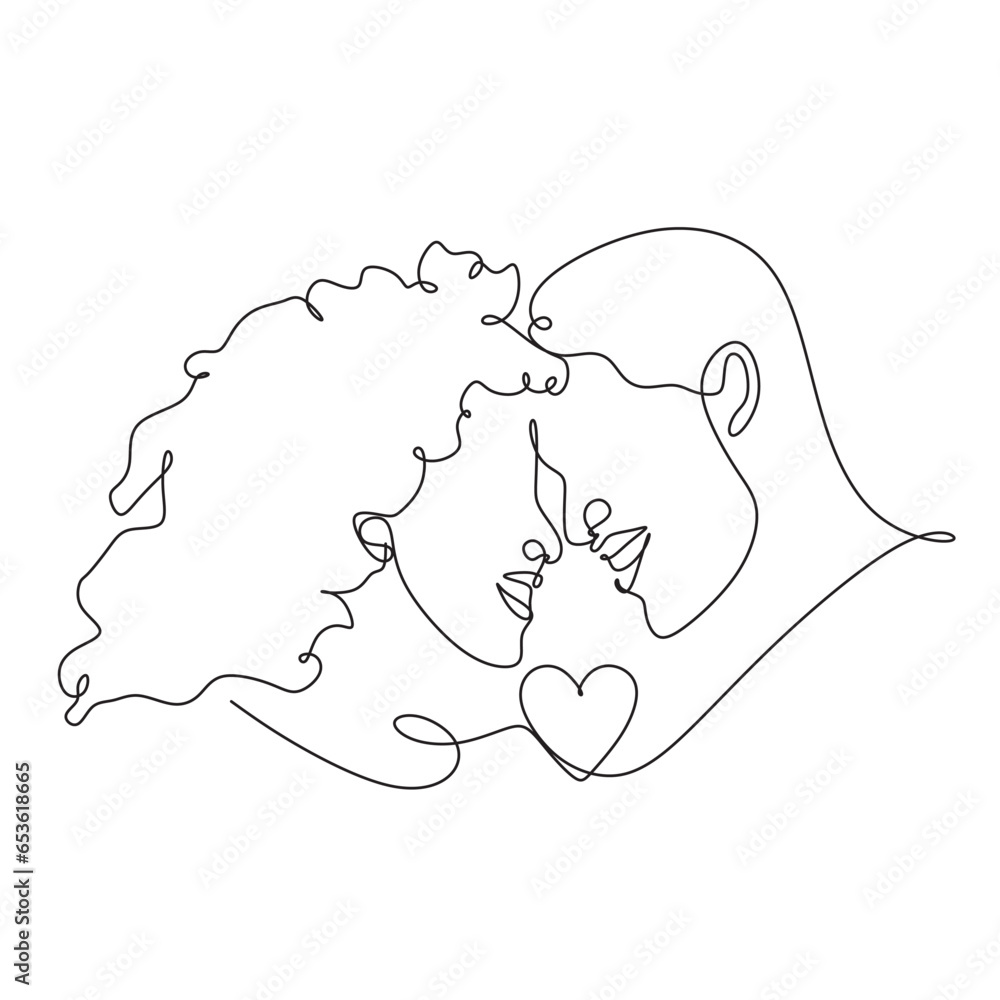 Wall mural one line drawing. a couple in love, a man and a woman. fashionable couple style. - Wall murals
