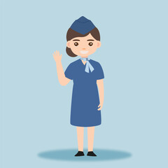 Stewardess. Woman hostess professional blue uniform of boarding airplane girl vector cartoon characters. Stewardess and hostess attendant illustration cartoon character