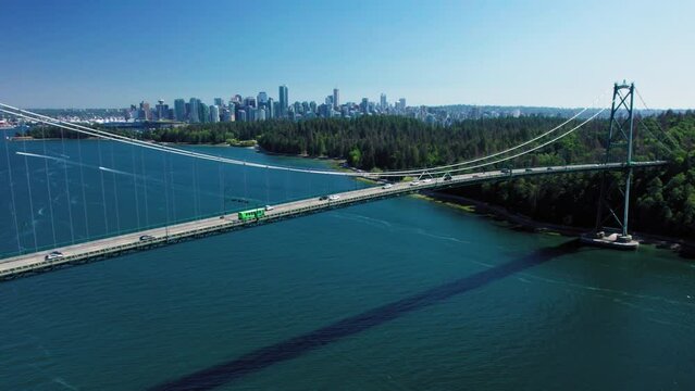 Vancouver Green Electric Transit Bus Aerial on Lions Gate Bridge