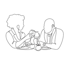 One line drawing. A man and a woman have lunch in a restaurant.
Fashionable couple style.