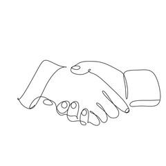 One line drawing businessman. Two smiling businessmen shaking hands together, shaking hands to seal a deal with his partner.