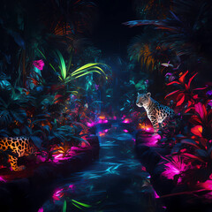 Mystical Neon Jungle with a Majestic Leopard by a Reflective Stream and Radiant Flora