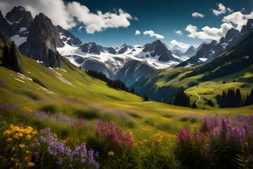 alpine meadow in the mountains 4k HD quality photo.  - obrazy, fototapety, plakaty