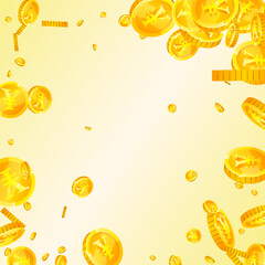 Chinese yuan coins falling. Scattered gold CNY
