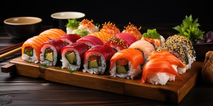 Assorted sushi and rolls on awooden board. Variety of Japanese sushi. Generative AI