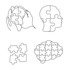 One line drawing. Puzzle solution, human hands connecting puzzle pieces. 