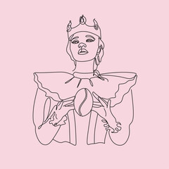 Coffee Continuous one line drawing. Woman qween of beans relaxing with cup of tea. Vector illustration