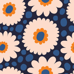 Beautiful vector floral pattern. Seamless texture with bold hand drawn flowers and dots. Retro nostalgic floral background - 653620835