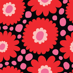 Beautiful vector floral pattern. Seamless texture with bold hand drawn flowers and dots. Retro nostalgic floral background - 653620882