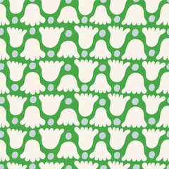 Cute and simple texture with flowers and dots. Repeated seamless pattern with organic shapes. Stylised floral background