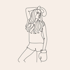 Line art abstract beautiful woman in boxing gloves. Kickboxing woman in gym