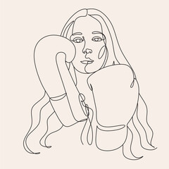 Line art abstract beautiful woman in boxing gloves. Kickboxing woman in gym