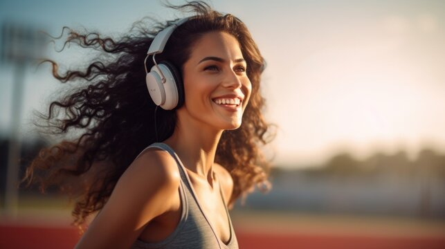 Beautiful young athletic smiling woman running in a sports stadium and listening to pleasant music