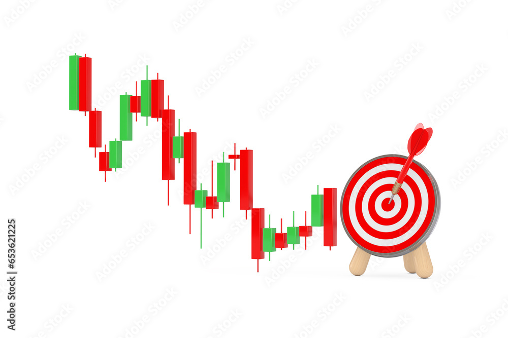 Leinwandbilder green and red trading financial candlesticks pattern chart with archery target and dart in center. 3