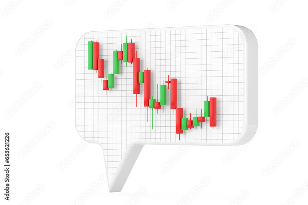 Poster speech or idea bubbles with green and red trading financial candlesticks pattern chart. 3d rendering