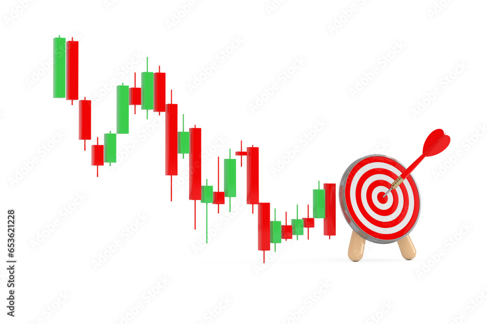 Leinwandbilder green and red trading financial candlesticks pattern chart with archery target and dart in center. 3