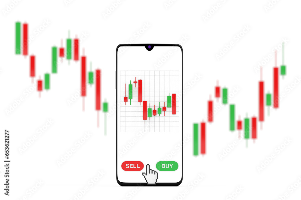 Poster Green and Red Trading Financial Candlesticks Pattern Chart in Front of Modern Mobile Phone. 3d Rendering