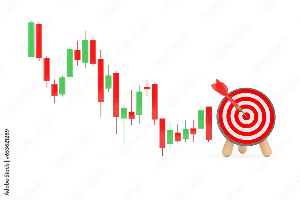 Fototapete green and red trading financial candlesticks pattern chart with archery target and dart in center. 3