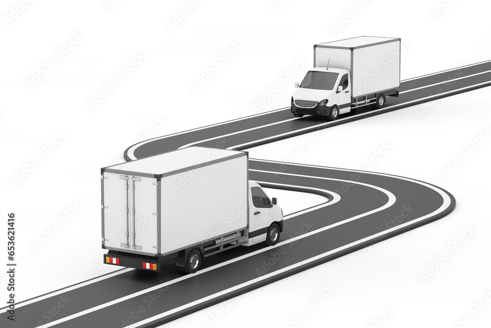 Poster two cargo van minibuses moving on winding asphalt road. 3d rendering