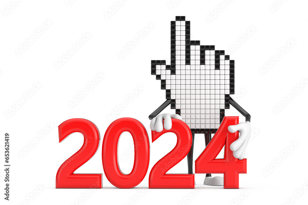 Leinwandbilder pixel hand cursor mascot person character with 2024 new year sign. 3d rendering