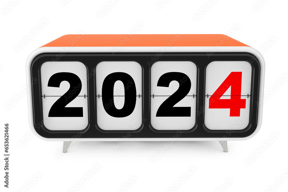 Poster retro flip clock with 2024 new year sign. 3d rendering