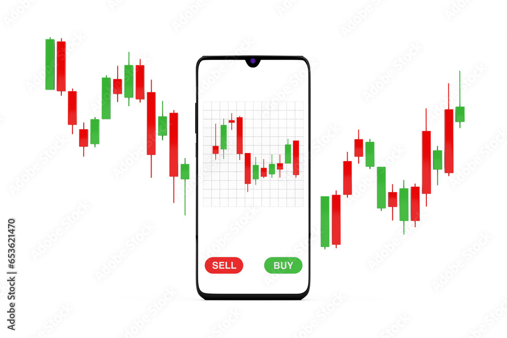 Fototapete Green and Red Trading Financial Candlesticks Pattern Chart in Front of Modern Mobile Phone. 3d Rendering