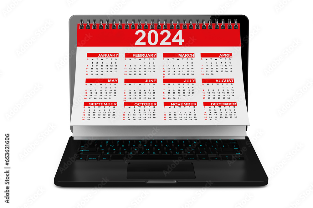 Poster 2024 year calendar over laptop screen. 3d rendering
